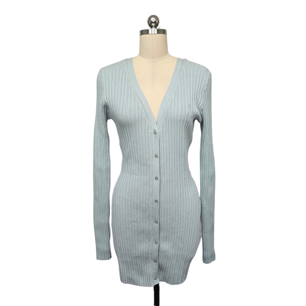 NWT LITA by Ciara Blue Ribbed Knit V-Neck Button Front Cardigan Mini Dress Large